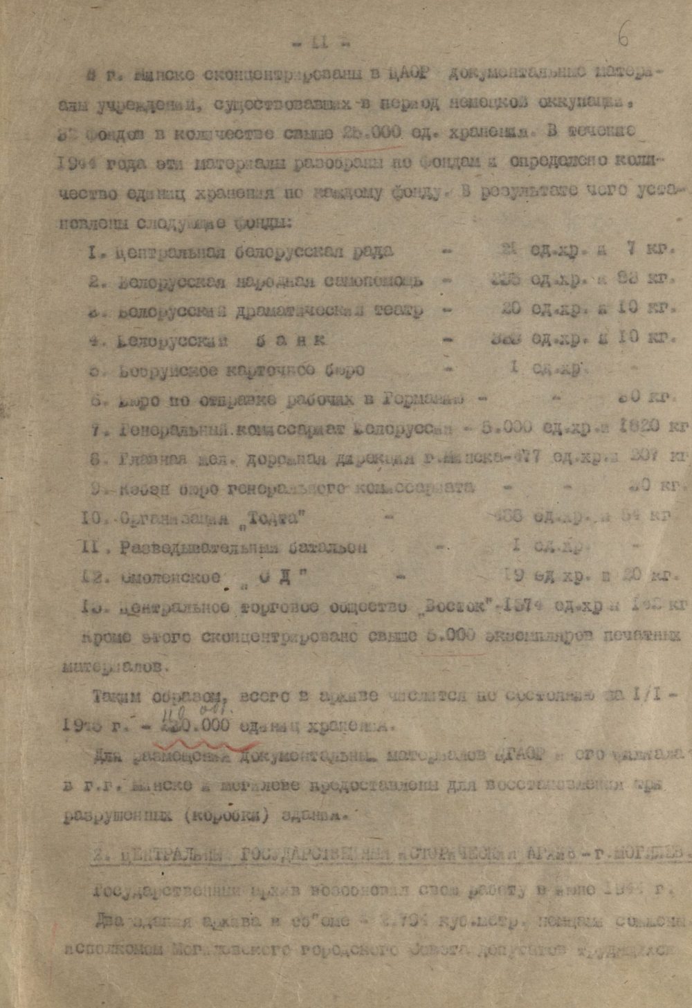 <b>Доклад начальника архивного отдела НКВД БССР А.И. Азарова о работе архивных органов НКВД БССР за 1944 г. (28.02.1945)</b><br>Национальный архив Республики Беларусь. Ф. 249. Оп. 8. Д. 11. Л. 6.