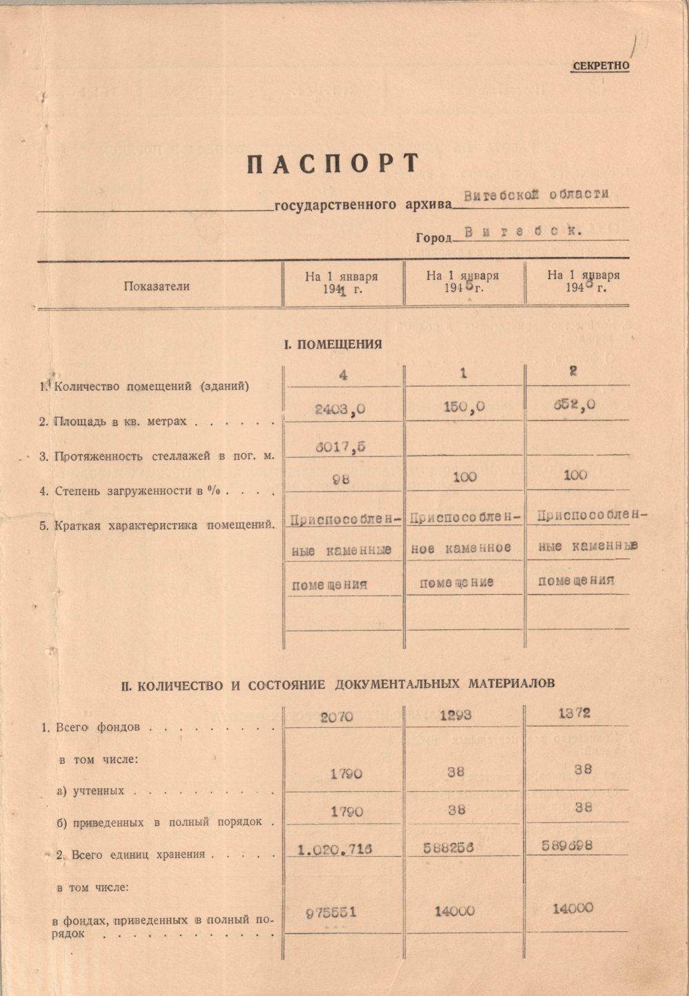 <b>Паспорт Государственного архива Витебской области на 1 января 1941 г., 1945 г. и 1946 г. (не ранее 1 января 1946 г.) </b><br> Государственный архив Витебской области. Ф. 289. Оп. 1. Д. 228. Л. 1.