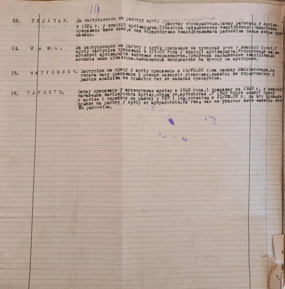 <b>Характеристики работников Могилевского отделения Центрархива БССР (1933 г.)</b><br>   Государственный архив общественных объединений Могилевской области. Ф. 6624. Оп. 1, Д. 449. Л. 19 об.